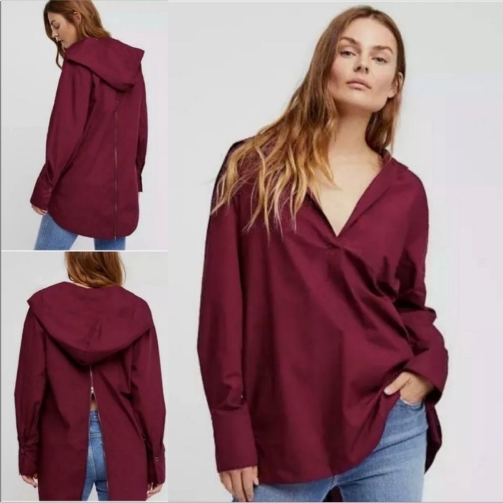 Free People Plum Ready for Whatever Cotton Hooded Zip-Back L/S Top